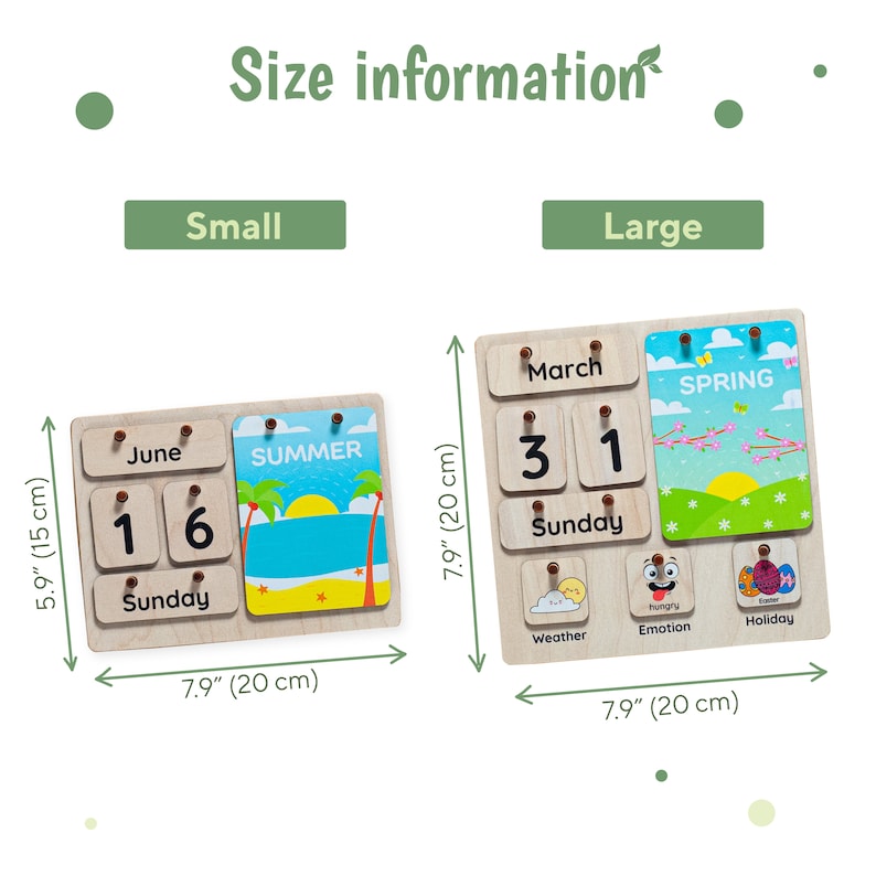 May include: Two wooden calendar boards in different sizes. The smaller board measures 5.9 inches by 7.9 inches and features a June calendar with the numbers 1 and 6, the word "Sunday", and a summer scene. The larger board measures 7.9 inches by 7.9 inches and features a March calendar with the numbers 3 and 1, the word "Sunday", and a spring scene. Both boards have a variety of colourful illustrations.
