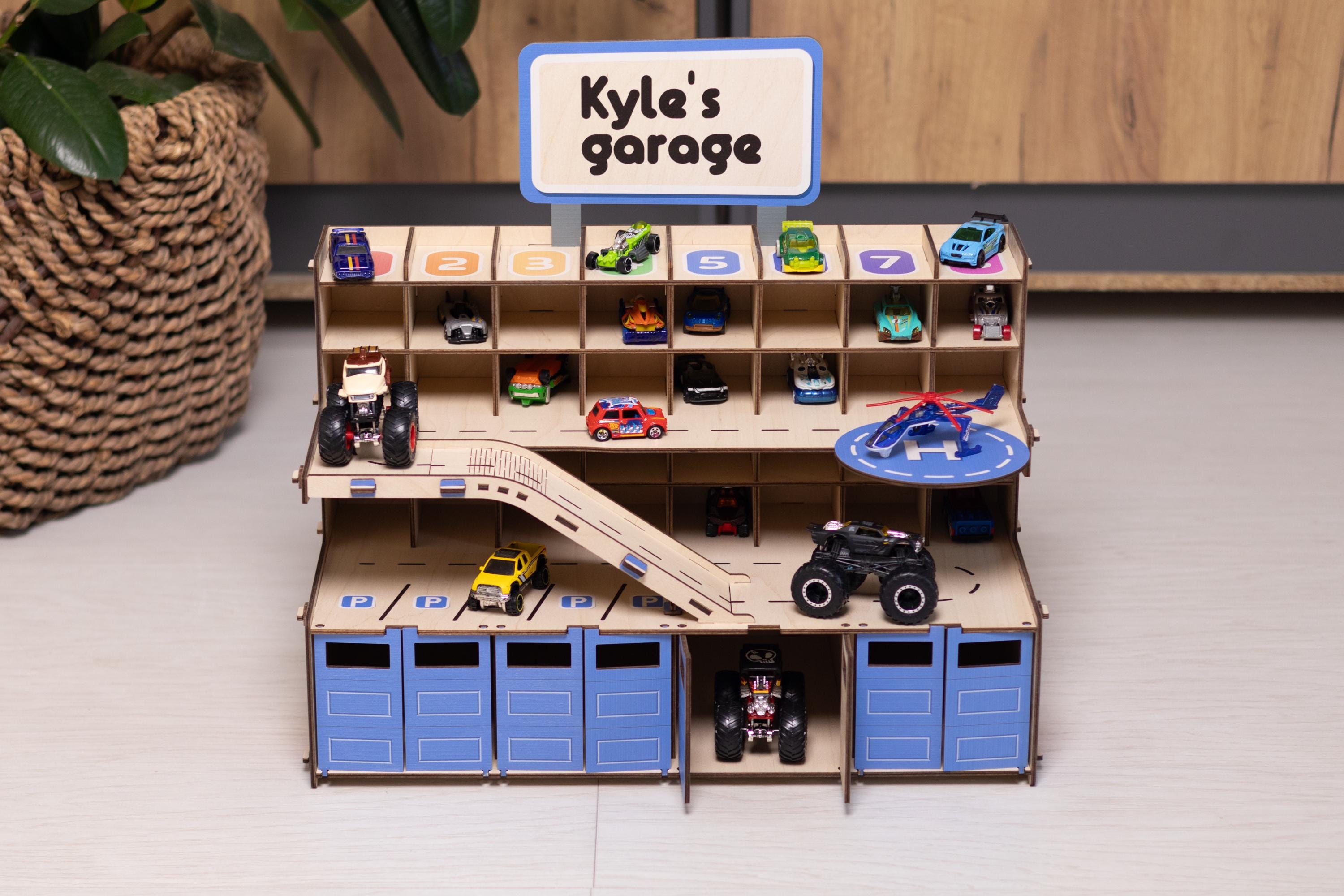 Wooden Parking Garage with Jump Ramp for Boys, Personalized Name Garage, Storage for Toys Cars, Display for Cars, Gift for Boys