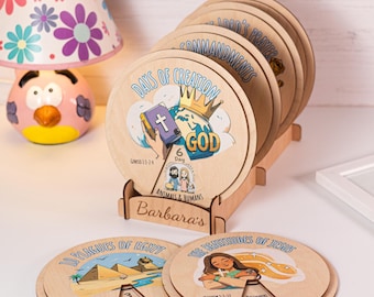 Personalized Kids Bible Story Wooden Wheel, The Beatitudes of Jesus, Armor of God, 10 Commandments, Christmas Toddler Gifts