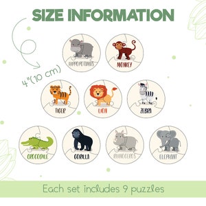 Może przedstawiać: Zestaw 9 kolorowych puzzli z motywem zwierząt, każdy o średnicy 10 cm. Puzzle przedstawiają r&oacute;żne zwierzęta, w tym hipopotama, małpę, tygrysa, lwa, zebrę, krokodyla, goryla, nosorożca i słonia. Każdy element układanki jest oznaczony nazwą zwierzęcia. Tekst "Każdy zestaw zawiera 9 puzzli" jest wyświetlany na dole obrazu.