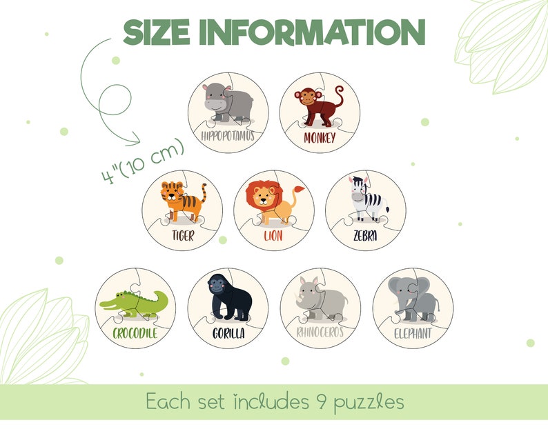 Może przedstawiać: Zestaw 9 kolorowych puzzli z motywem zwierząt, każdy o średnicy 10 cm. Puzzle przedstawiają r&oacute;żne zwierzęta, w tym hipopotama, małpę, tygrysa, lwa, zebrę, krokodyla, goryla, nosorożca i słonia. Każdy element układanki jest oznaczony nazwą zwierzęcia. Tekst "Każdy zestaw zawiera 9 puzzli" jest wyświetlany na dole obrazu.