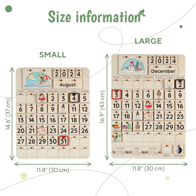 May include: Two wooden calendars, one small and one large, with a white background and black numbers. The small calendar is 14.6 inches tall and 11.8 inches wide, and the large calendar is 16.9 inches tall and 11.8 inches wide. Both calendars feature a different month, August and December, and the year 2024.