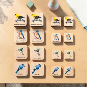 May include: A set of square wooden tiles featuring illustrations of birds including the American Goldfinch, Eastern Bluebird, Hummingbird, and Blue Jay. Each tile displays the bird's name in black text below the colorful bird illustration.