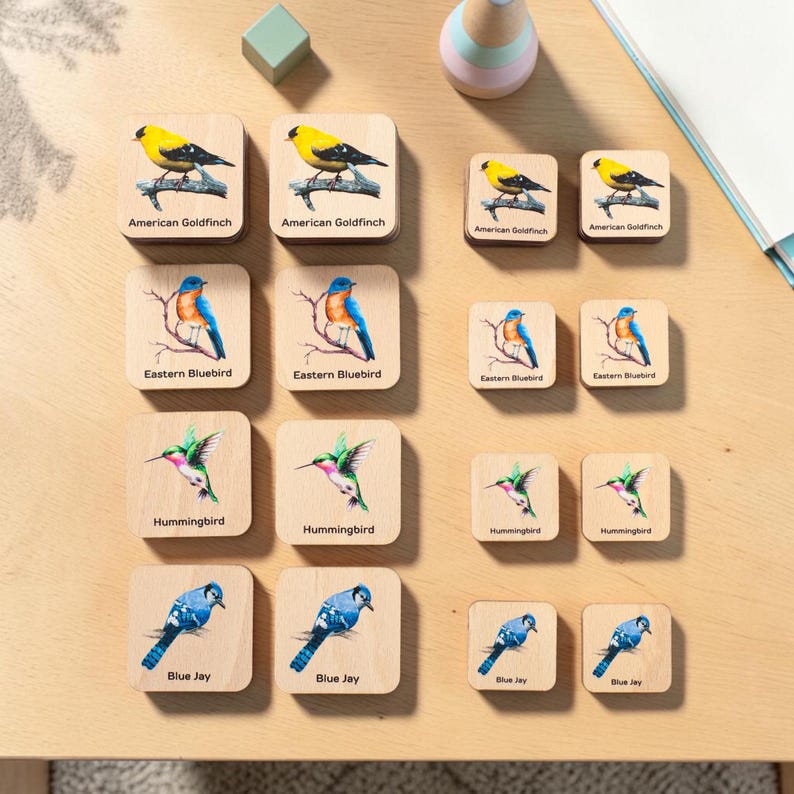 May include: A set of square wooden tiles featuring illustrations of birds including the American Goldfinch, Eastern Bluebird, Hummingbird, and Blue Jay. Each tile displays the bird's name in black text below the colorful bird illustration.