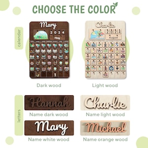 May include: A comparison of different wood colors for a personalized calendar. The calendar features a wooden frame with a month and year displayed at the top. The calendar is available in dark wood, light wood, white wood, and orange wood. The name of the person the calendar is for can be added to the calendar in a variety of colors.