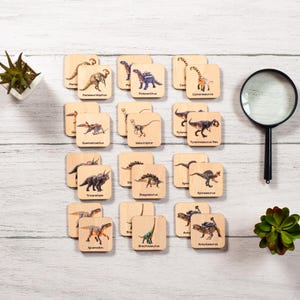 a set of twelve dinosaur coasters next to a magnifying glass