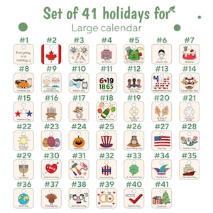 May include: A set of 41 illustrated holiday icons for a large calendar. Each icon is a square with a number and a holiday theme, such as Christmas, New Year's, and Valentine's Day.