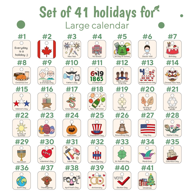 May include: A set of 41 illustrated holiday icons for a large calendar. Each icon is a square with a number and a holiday theme, such as Christmas, New Year's, and Valentine's Day.