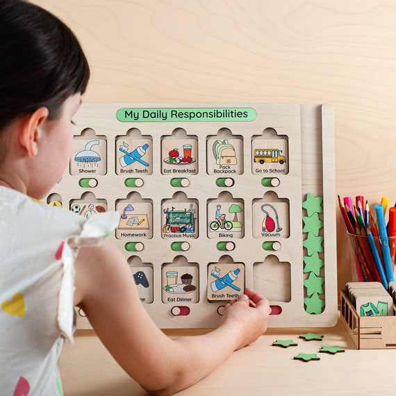 Toddler Routine Chore Chart with Reward System, Wooden Weekly Planner for Kids, Daily Responsibilities, Educational Gift for Kids