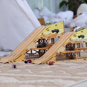 Jump Ramp for Toys Cars, Parking and Jump Wooden Ramp, Boys Birthday Gift, Montessori Toys Cars Storage, Personalized Desert Racing Ramp