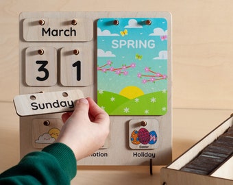 Montessori Perpetual Calendar, Wooden Toddler Learning with Days Months Seasons