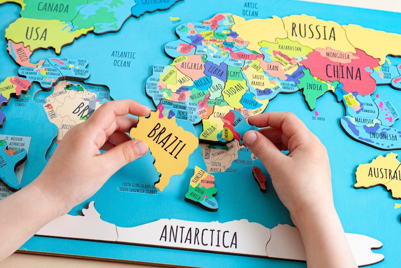 Kids world map, Gift for kids, World map puzzle for kids gift, Homeschool Jigsaw puzzle Kids puzzle Continent puzzle Geography for kids image 1