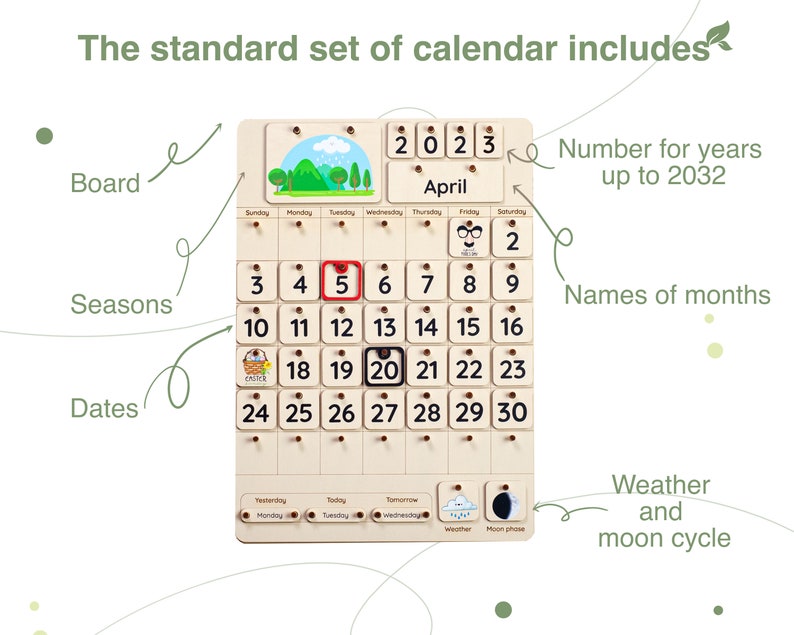 May include: A wooden calendar with a light brown background. The calendar features a removable number for the year, a removable month, and removable numbers for the days of the month. The calendar also includes a weather icon and a moon phase icon.