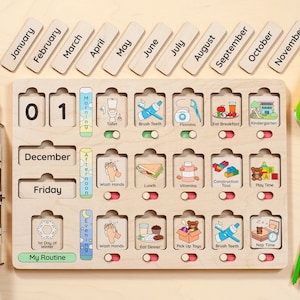 May include: A wooden calendar featuring a daily routine for children. The calendar displays the month, day of the week, and a range of activities for the morning, afternoon, and evening. These activities include tasks such as brushing teeth, eating breakfast, playing, and having a nap.