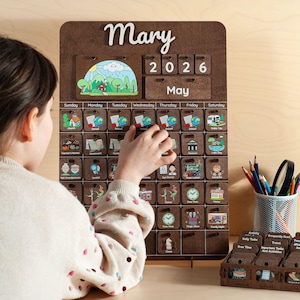 Kids daily routine planner made from birch wood, interactive calendar puzzle for learning time and daily activities.