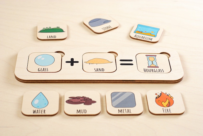 Wooden educational toy with a puzzle showing the combination of glass and sand to make an hourglass. The puzzle pieces are labeled with the words "glass", "sand", and "hourglass". There are also separate puzzle pieces labeled "water", "mud", "metal", "fire", "land", "stone", and "aquarium".