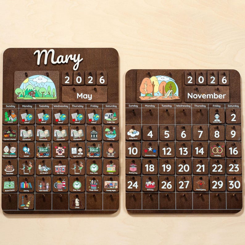 Personalized Wooden Montessori Calendar, Kids Daily Routine Visual Schedule, Birch Wood Planner image 11