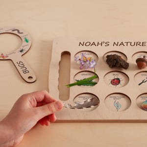 May include: A light-colored wooden nature scavenger hunt board labeled NOAH'S NATURE with circular cutouts containing items like a flower, bark, acorn, grass, and a ladybug illustration, alongside a wooden magnifying glass labeled BUGS.