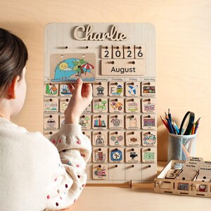 Custom wooden routine calendar for children, Montessori daily schedule board with name option and non toxic paint.
