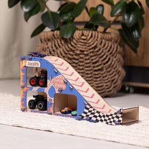 Wooden Car Ramp Jump Ramp, 2-Level Racing Track With Flame Design, Toy Car Launcher Garage, Handmade Kids Room Decor, Montessori Gift Boys