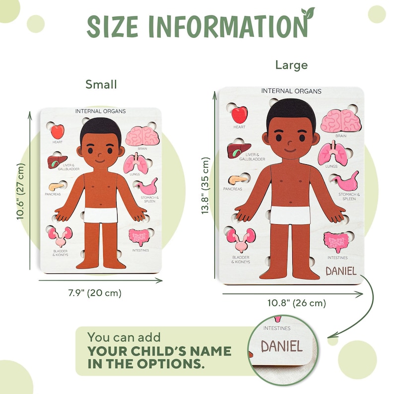 The image is a size information sheet for a children's educational toy called "Daniel". It provides dimensions and options for the child's name, as well as the names of internal organs.
