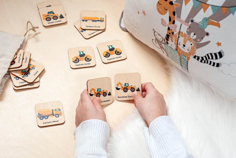 Montessori Wooden Construction Truck Car, Memory Game, Homeschool Kindergarten Preschool Activity for Kids, Toddler Gift, Stocking Stuffer image 3