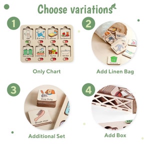 May include: A wooden chart with eight different activities, such as brushing teeth, making the bed, and eating breakfast. The chart is divided into eight squares, each with a different picture and a small red button. The chart is labeled "Only Chart". There are also images of a linen bag, a set of wooden squares with different activities, and a wooden box with a grid pattern. The images are labeled "Add Linen Bag", "Additional Set", and "Add Box".