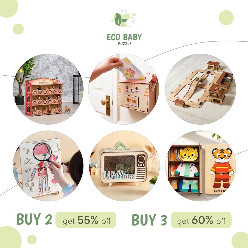 May include: A collection of wooden toys including a three-tier animal stable, a cat-themed wall mailbox, a wooden car track set, an internal organs puzzle board, a television-shaped money box with the name William, and a dress-up tiger puzzle.