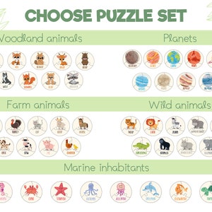 Może przedstawiać: Zestaw 10 r&oacute;żnych puzzli z r&oacute;żnymi motywami zwierząt i planet. Puzzle są ilustrowane kolorowymi rysunkami zwierząt i planet. Tematy puzzli obejmują zwierzęta leśne, zwierzęta gospodarskie, dzikie zwierzęta, mieszkańc&oacute;w m&oacute;rz i ocean&oacute;w oraz planety.