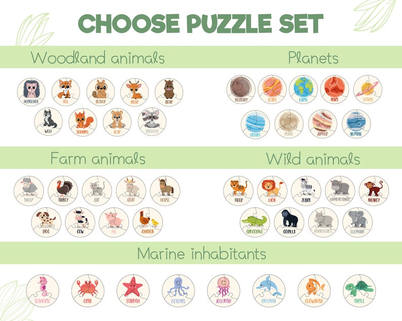 Może przedstawiać: Zestaw 10 r&oacute;żnych puzzli z r&oacute;żnymi motywami zwierząt i planet. Puzzle są ilustrowane kolorowymi rysunkami zwierząt i planet. Tematy puzzli obejmują zwierzęta leśne, zwierzęta gospodarskie, dzikie zwierzęta, mieszkańc&oacute;w m&oacute;rz i ocean&oacute;w oraz planety.