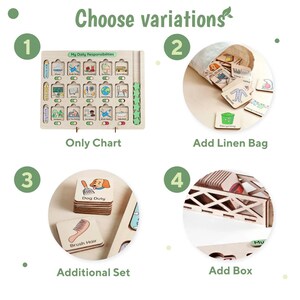 May include: A wooden chart with the title "My Daily Responsibilities" and 36 different images of daily tasks. The chart is available with a linen bag, a wooden box, or as a chart only. The chart is also available with an additional set of images.