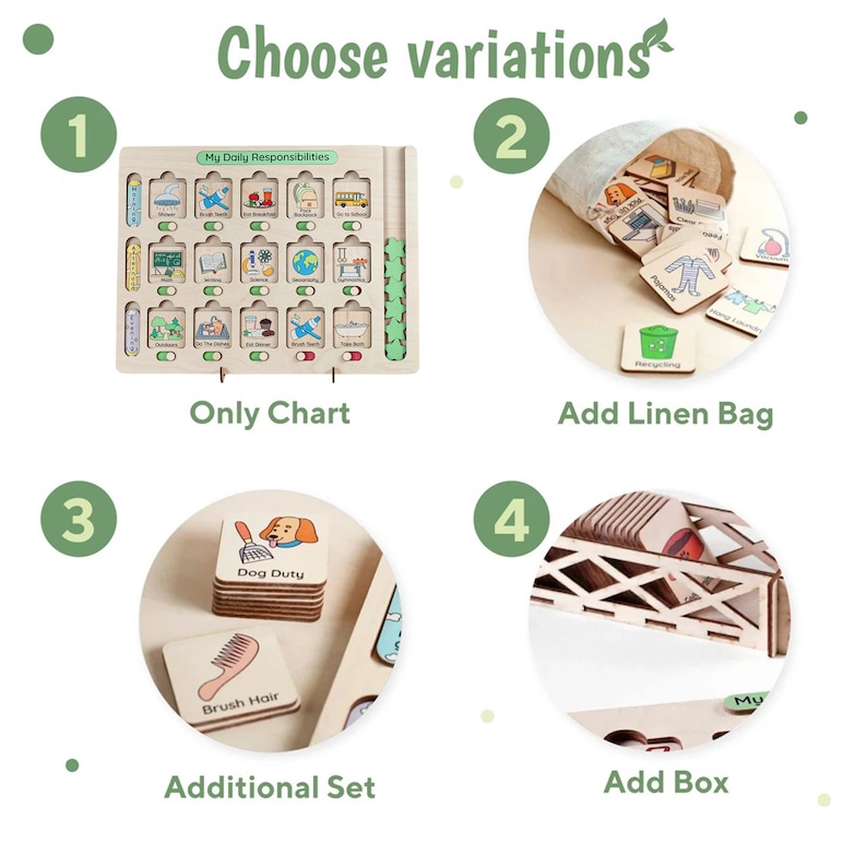 May include: A wooden chart with the title "My Daily Responsibilities" and 36 different images of daily tasks. The chart is available with a linen bag, a wooden box, or as a chart only. The chart is also available with an additional set of images.