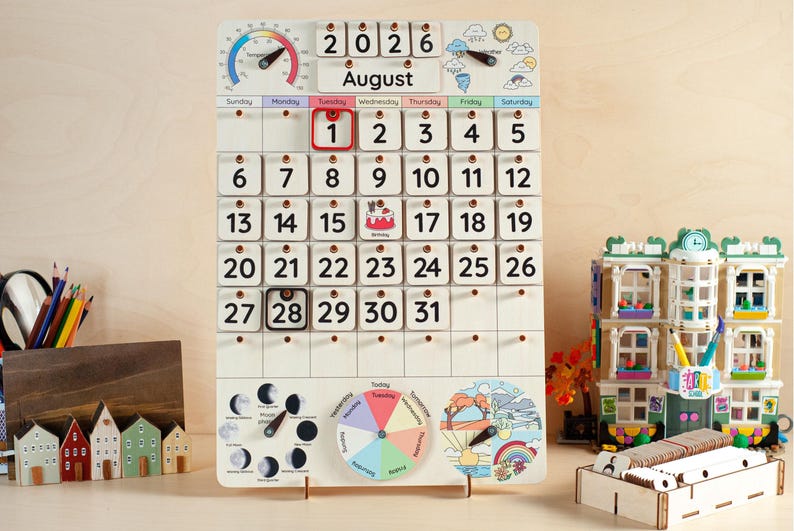 Montessori calendar for kids, Wooden calendar, Homeschool calendar, Classroom decor, Toddler calendar, Gifts for kids, Perpetual calendar image 1
