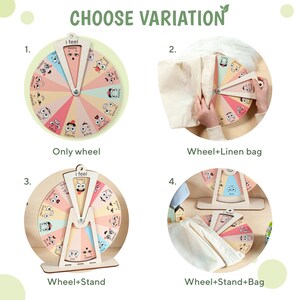 May include: A circular wooden emotion wheel featuring pastel-coloured segments, each displaying a unique facial expression and corresponding emotion label. The set includes variations with a linen storage bag and a wooden display stand for the wheel.