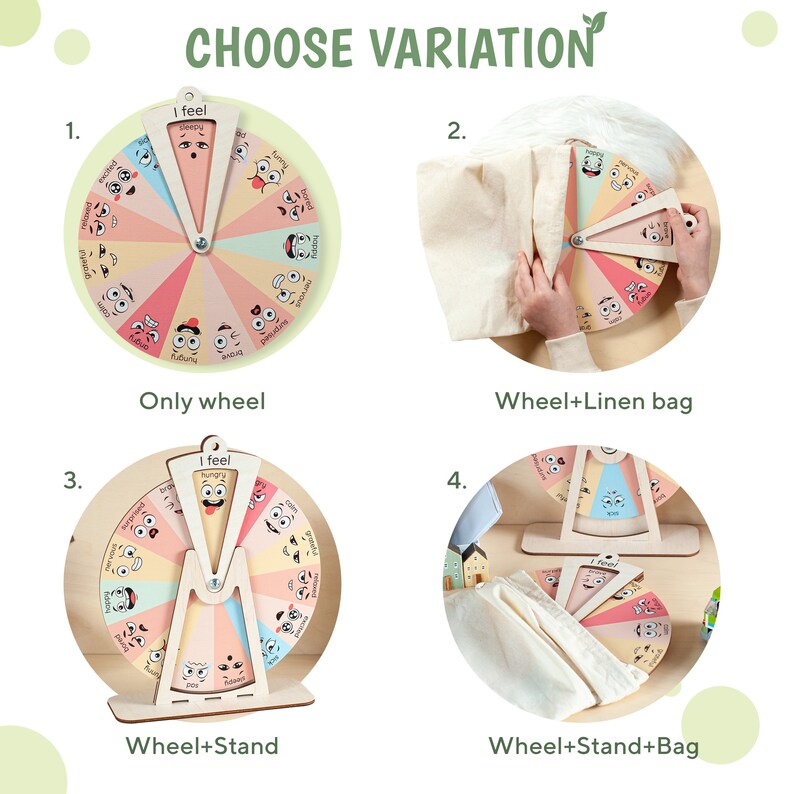 May include: A circular wooden emotion wheel featuring pastel-coloured segments, each displaying a unique facial expression and corresponding emotion label. The set includes variations with a linen storage bag and a wooden display stand for the wheel.