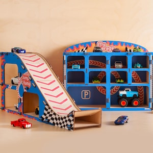 Jump Ramp for Toy Car, Toy Parking Garage Car Ramp, Birthday Gift for Boys, Wooden Toy Car Garage, Montessori Toy Car Storage, Son Gift Idea