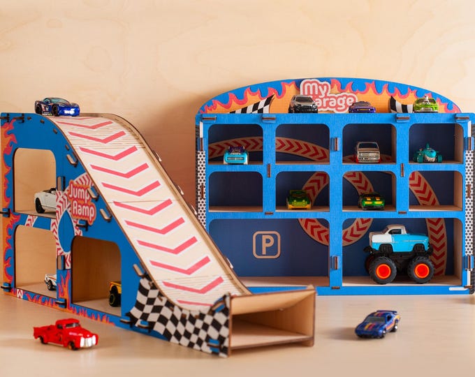 Jump Ramp for Toy Car, Toy Parking Garage Car Ramp, Birthday Gift for Boys, Wooden Toy Car Garage, Montessori Toy Car Storage, Son Gift Idea