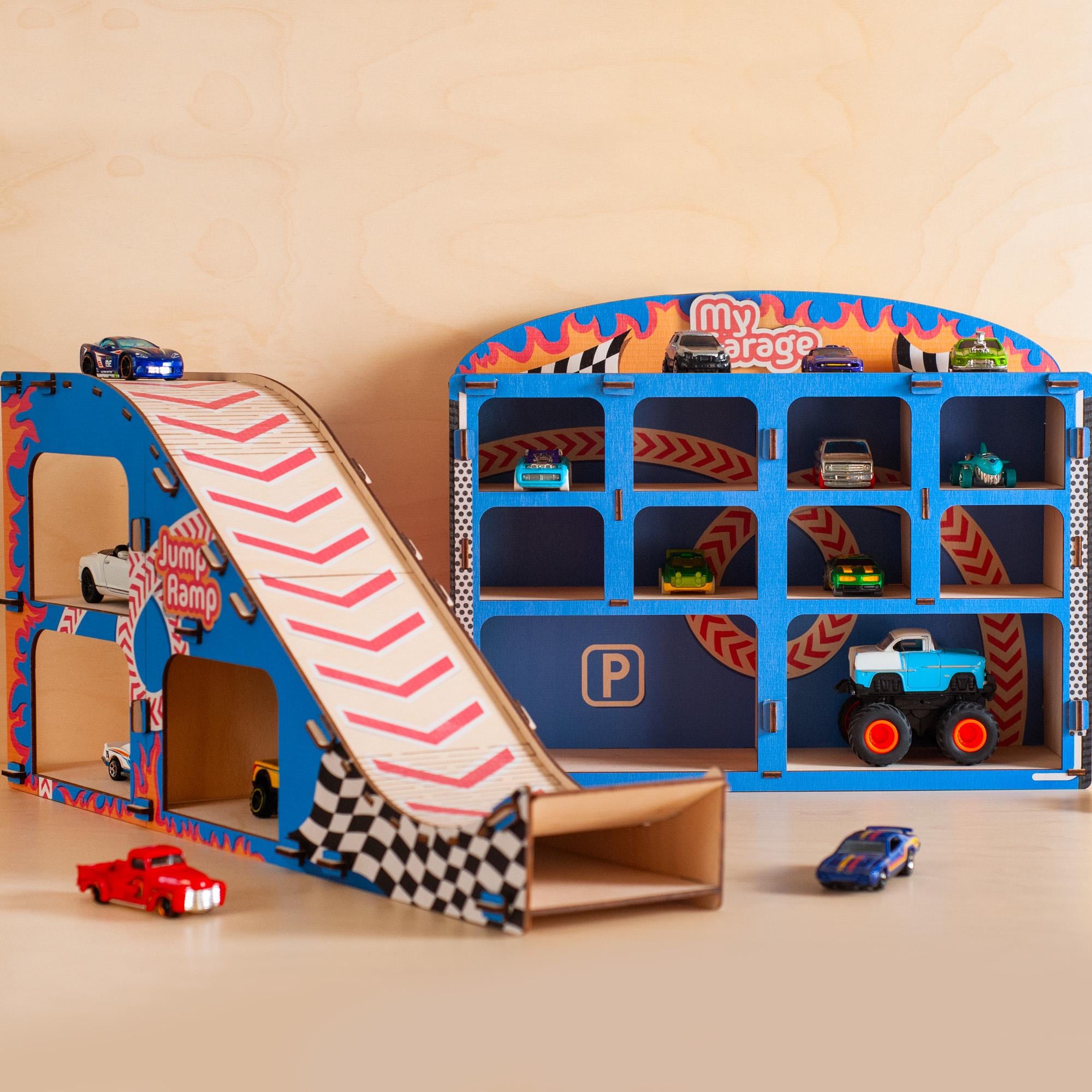 Parking Garage Toy Car Ramp, Jump Ramp, Birthday Gift for Boys, Wooden Toy Car Garage, Montessori Toy Car Storage, Grandson Godson Gifts