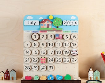 Wooden Kids Perpetual Calendar, Montessori Daily Routine Board, Magnetic Visual Schedule, Elementary School Gift
