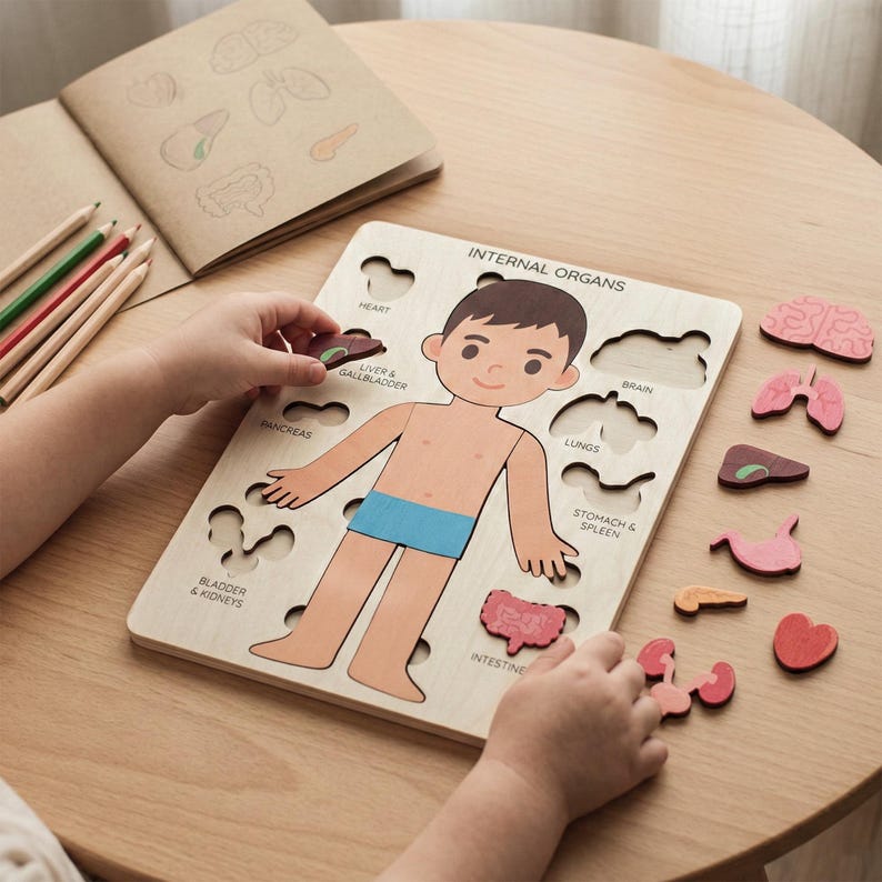 A child's hands are shown interacting with a wooden puzzle depicting internal organs, surrounded by various colored pencils and other educational materials.