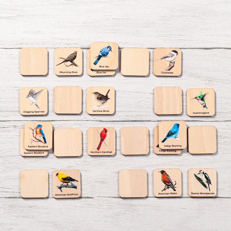 a number of birds on wooden squares on a table
