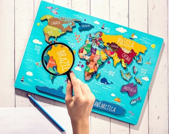 Continent Puzzle Geography For Kids, Kids World Map, Gift For Kids, World Map Puzzle For Kids Gift, Montessori Toys, Jigsaw Puzzle Kids Gift