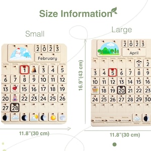 May include: A wooden calendar with a choice of two sizes: small (14.6 inches by 11.8 inches) or large (16.9 inches by 11.8 inches). The calendar features a monthly calendar with days of the week, numbers, and a weather and moon phase tracker.