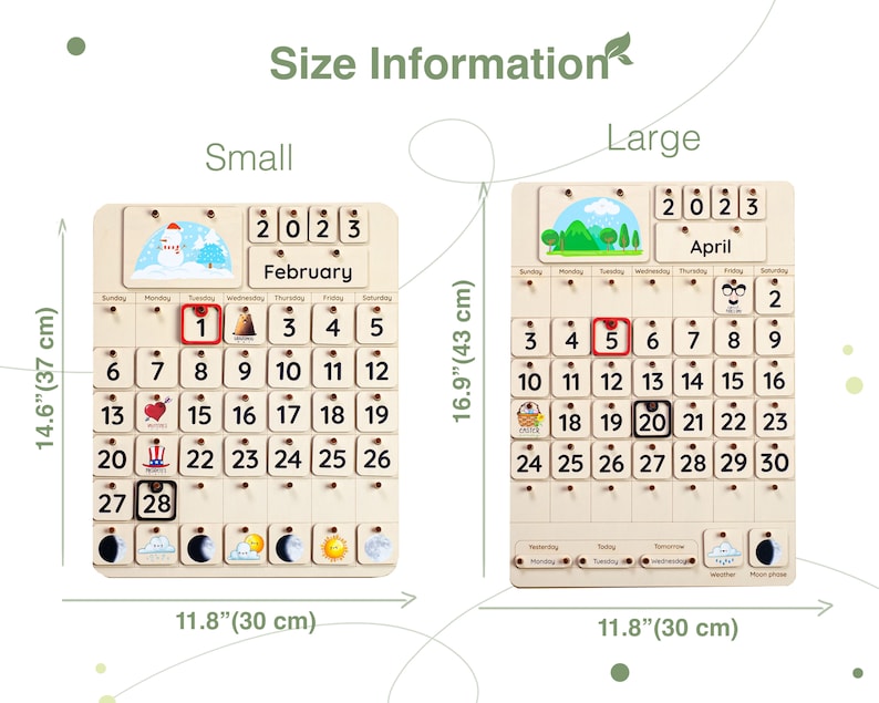 May include: A wooden calendar with a choice of two sizes: small (14.6 inches by 11.8 inches) or large (16.9 inches by 11.8 inches). The calendar features a monthly calendar with days of the week, numbers, and a weather and moon phase tracker.