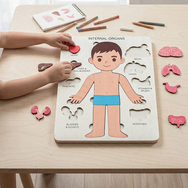 A child's hands are interacting with a wooden puzzle depicting the internal organs of a human body.