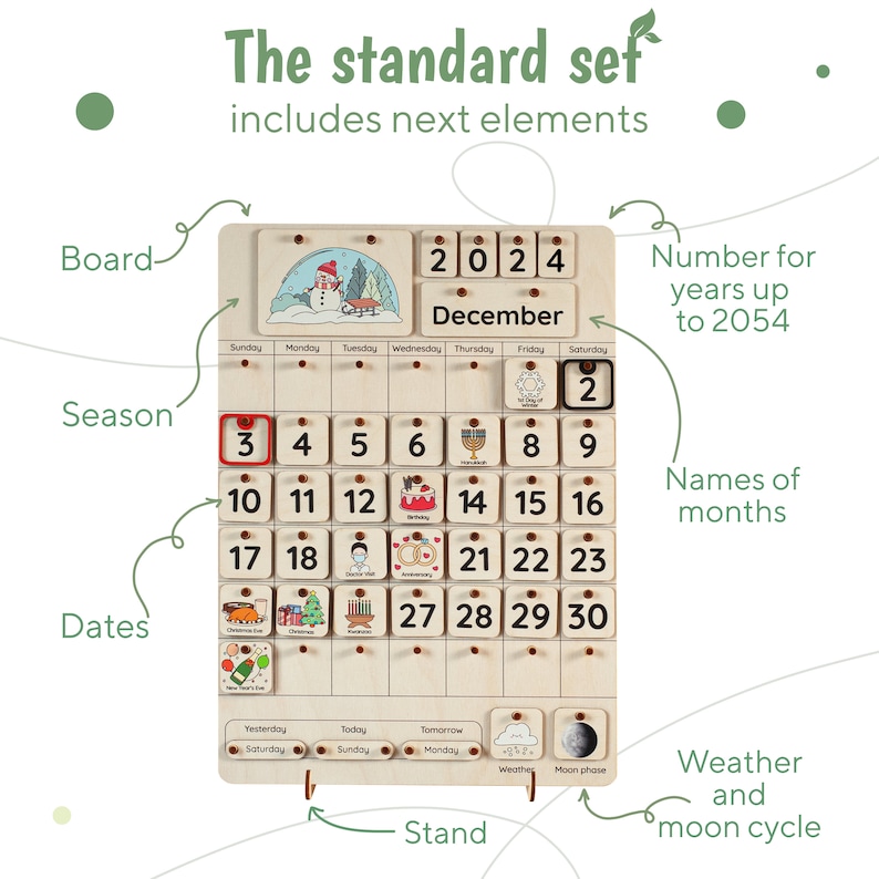 May include: Wooden calendar with a stand, featuring a snowman illustration and the text "2024 December". The calendar includes numbers for dates, names of months, and icons for weather and moon phases.