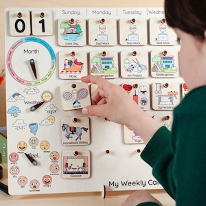 Large Daily Routine Chart & Calendar for Child, Morning Routine Board, Wooden Visual Chore Chart, Educational Present for Toddlers