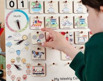 Large Daily Routine Chart & Calendar for Child, Morning Routine Board, Wooden Visual Chore Chart, Educational Present for Toddlers