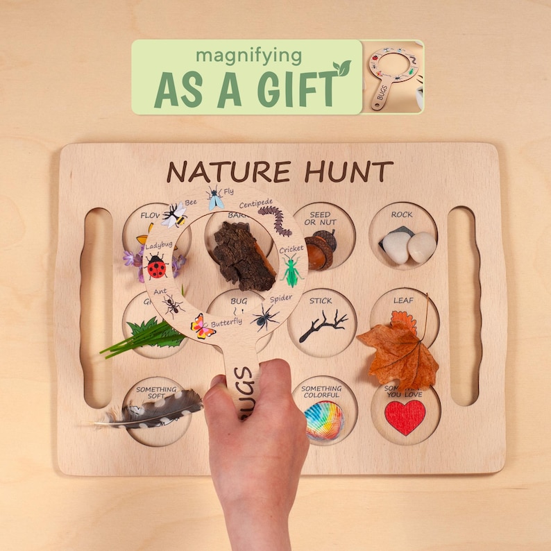 Nature hunt board for babies and toddlers, designed for outdoor scavenger hunts and forest school activities. Montessori-style exploration tray encourages curiosity, observation, and sensory play. Perfect for collecting leaves, bugs, and natural treasures, with space for magnifying tools to support early nature learning and hands-on discovery.