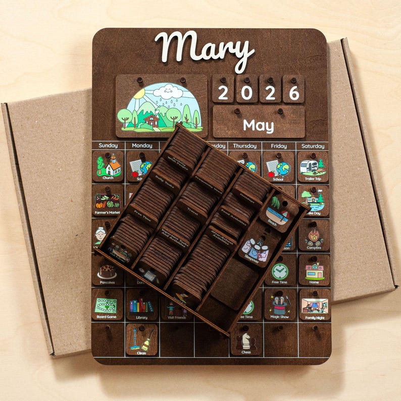 Personalized Wooden Montessori Calendar, Kids Daily Routine Visual Schedule, Birch Wood Planner image 13